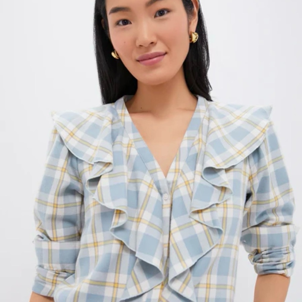 TUCKERNUCK Blue Plaid V Neck Ruffle Eileen Button Down, Size L